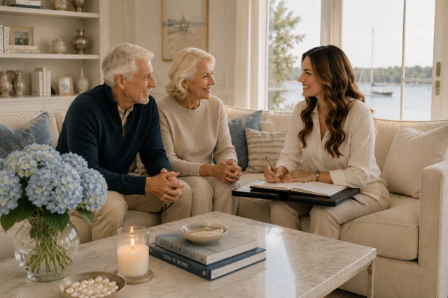 A Harbor Living advisor meeting with an elderly couple in their coastal home