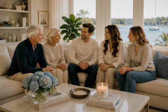A multi-generational family together in a bright, harbor-view living room