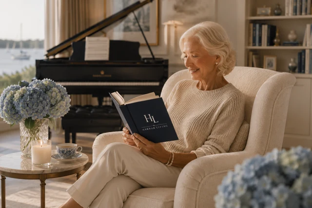 An elderly woman reading in a bright, harbor-view living room