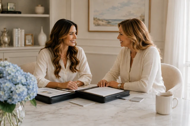 Harbor Living's founder in conversation with a client at her table